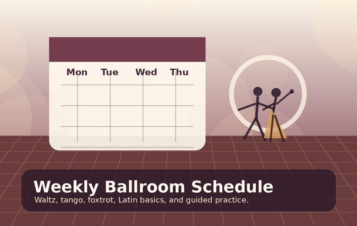 Illustrated ballroom practice schedule board with dancers